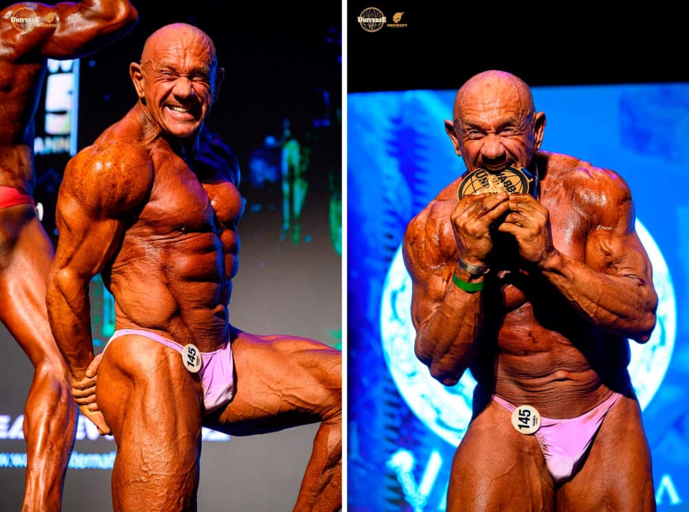 Marco Lucacci in posa laterale e mentre stringe tra i denti la medaglia di Mister Universo